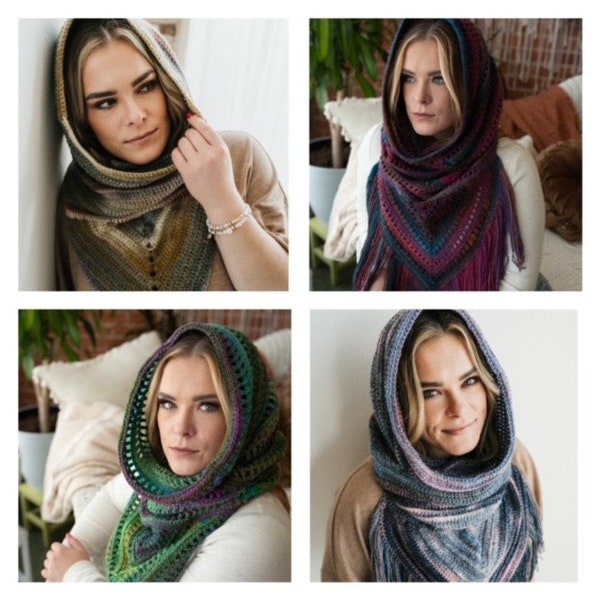 4 PDF Crochet Patterns - Hooded Cowls - Bandana Scarves with Hoods - Boho, Bohemian Style - Trendy Snoods - Hippy Clothing for Her - Gifts