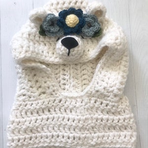 PDF Crochet Pattern Polar Bear Hooded Cowl w Flowers Crocheted Animal Hat Gift Idea for Women, Girls and Toddlers Easy Beginner Scarves image 5