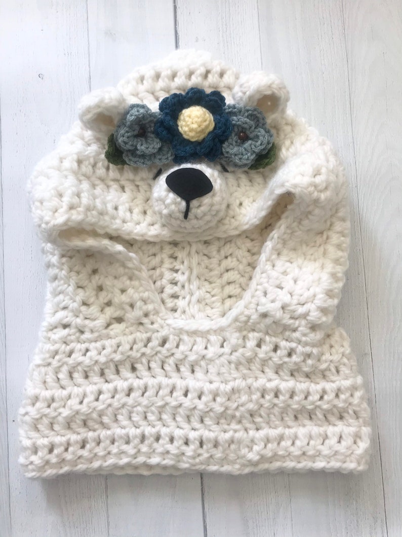 PDF Crochet Pattern Polar Bear Hooded Cowl w Flowers Crocheted Animal Hat Gift Idea for Women, Girls and Toddlers Easy Beginner Scarves image 5