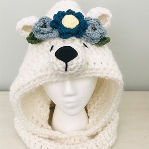 PDF Crochet Pattern Polar Bear Hooded Cowl w Flowers Crocheted Animal Hat Gift Idea for Women, Girls and Toddlers Easy Beginner Scarves image 4