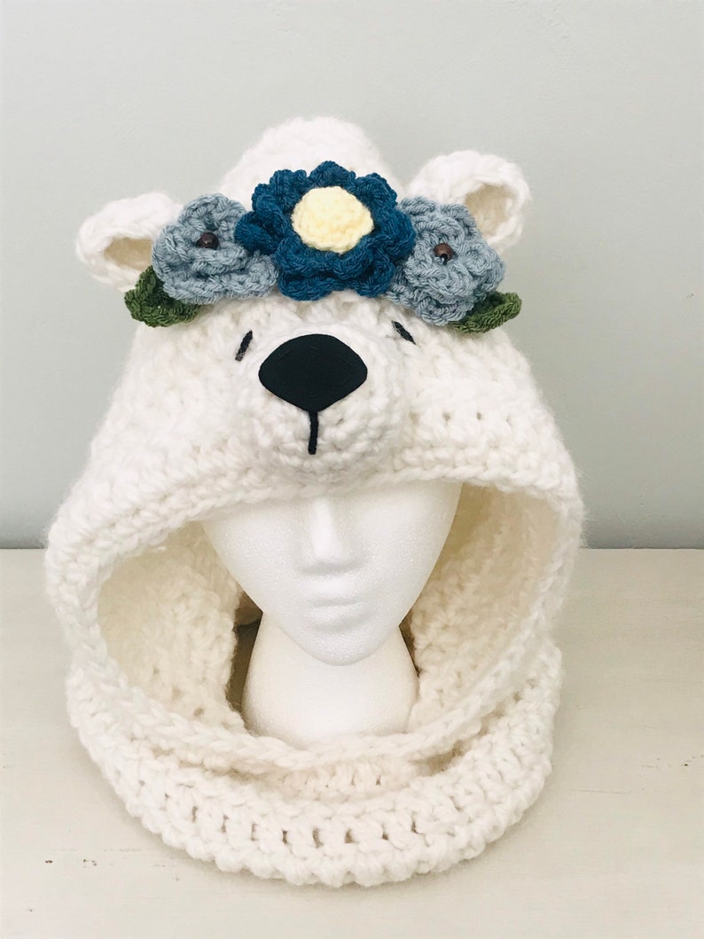 PDF Crochet Pattern Polar Bear Hooded Cowl w Flowers Crocheted Animal Hat Gift Idea for Women, Girls and Toddlers Easy Beginner Scarves image 4