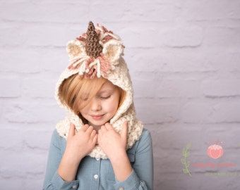 PDF Crochet Pattern - Unicorn Cowl - Animal Hat - Hooded Cowl - Unicorn Hat - Girl's Scarf - Girl's Cowl