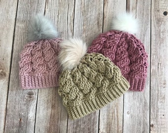 PDF Crochet Pattern - The Maisie Pearl - Cabled Pompom Hat - Crochet Hat Pattern - Girl's Crochet Hat - Cabled Hat Pattern - PDF Hat Pattern