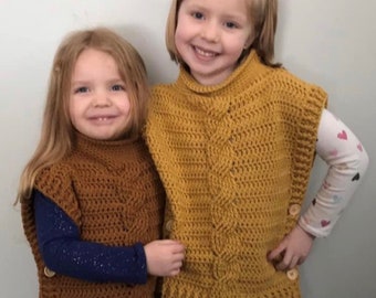 PDF Crochet Pattern - Baby, Child and Adult Size Cabled Vest - Pullover Poncho - Sweater, Jumper, Jacket, Sleeveless Vest Beginner Crochet