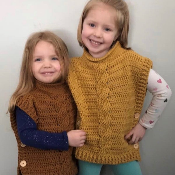 PDF Crochet Pattern - Baby, Child and Adult Size Cabled Vest - Pullover Poncho - Sweater, Jumper, Jacket, Sleeveless Vest Beginner Crochet