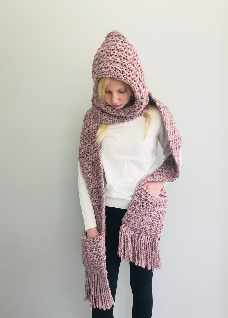 PDF Crochet Pattern The Devlyn Grace Cozy Asymmetrical Scarf Hooded Scarf Scarf with Pockets Crochet Scarf Pattern PDF Pattern image 2