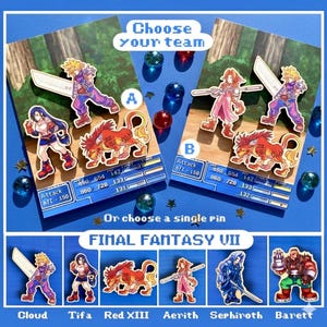 FF7 Final Fantasy Wooden Pin Brooch | Cloud | Tifa | Aerith | Red XIII | Barret | Sephiroth | Video Game Pins | Geek Fan