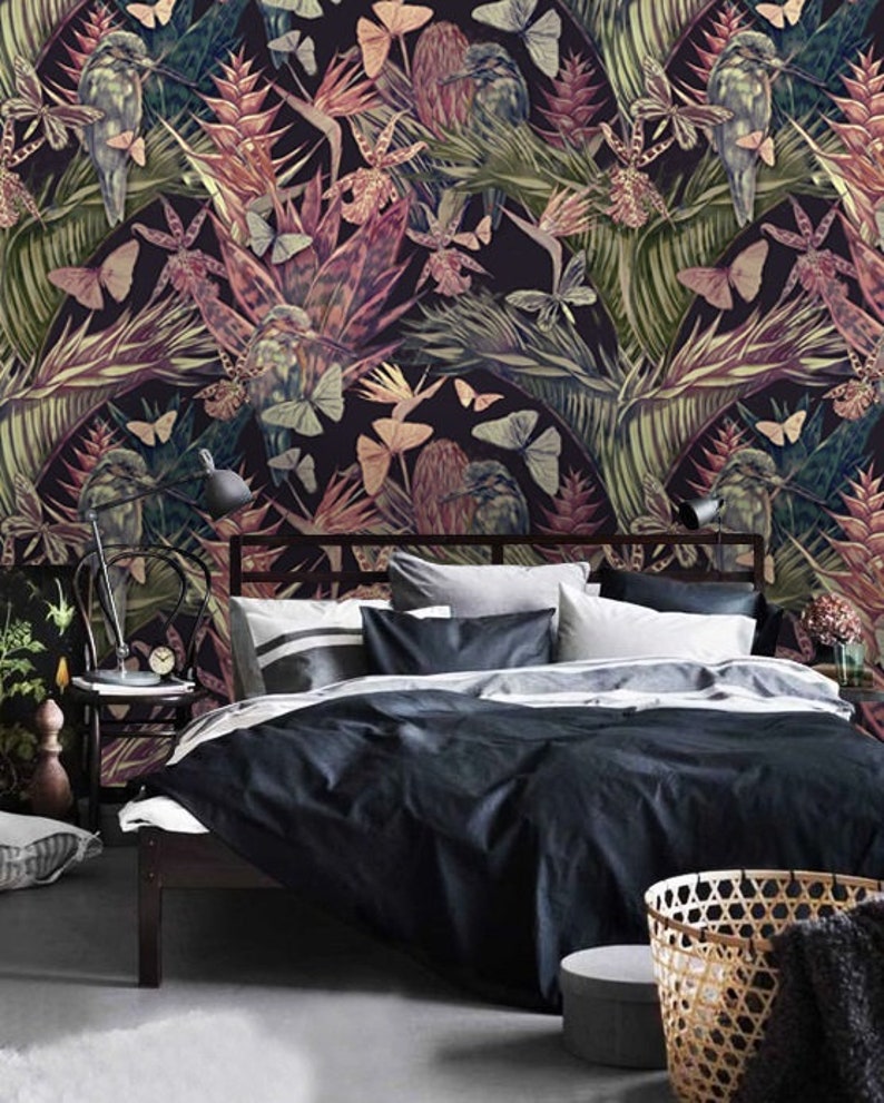Removable Wallpaper,Butterflies in the Foliage,Tropical Wall Mural,Self  Adhesive or Vinyl .br