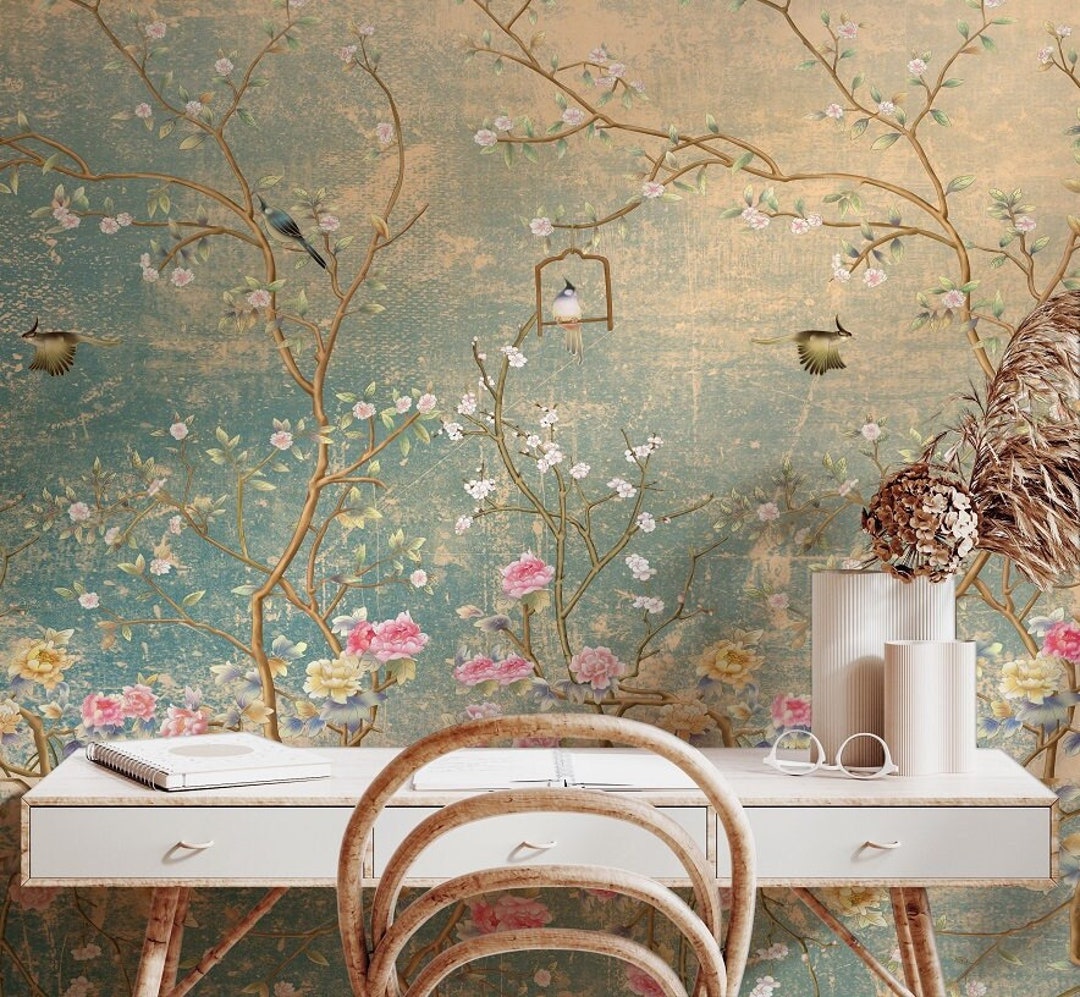 Floral Wallpaper,vintage Floral Wall Mural, Birds, Green&rose, Self