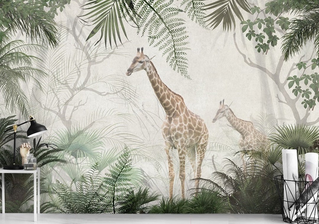 Giraffes Wallpaper, Giraffes in Savannah Wall Mural, Tropical Decor
