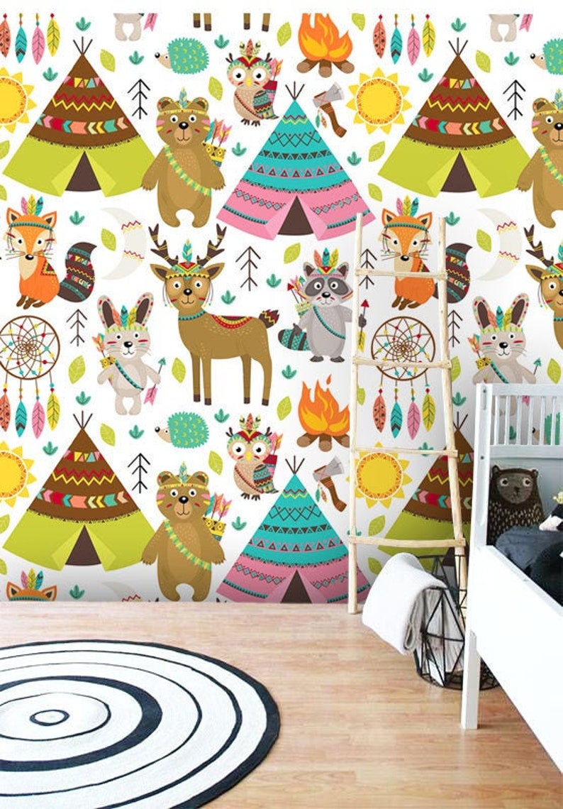 Removable Wallpaper,Nursery,Funny Animals,Happy Indians,Wigwam,Wall Mural,Self Adhesive or Vinyl .br Removable Wallpaper,Nursery,Funny Animals,Happy Indians,Wigwam,Wall Mural,Self Adhesive or Vinyl .br