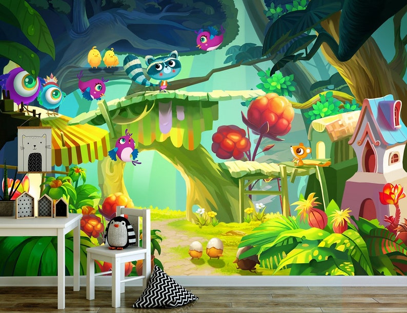 Removable Wallpaper,Magical forest,Funny shops World,Magic Space,Fairytale forest,Vinyl or Self Adhesive
