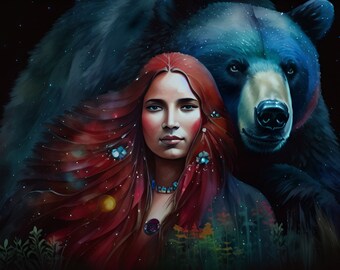 May include: A digital painting of a woman with long red hair and a bear. The woman is wearing a necklace and has a soft expression. The bear is behind her and has a dark blue coat. The background is a dark blue with stars.