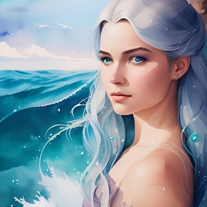 May include: A woman with long, white hair gazes out over a blue ocean. The water is crashing against the shore and there are whitecaps on the waves. The woman is wearing a purple dress and has a soft, dreamy expression on her face.