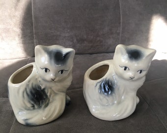 Vintage Kitten Planters Gray and White Set of 2