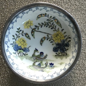 Cantonware Porcelain and Pewter Dish Water Fowl and Water Lilies 6”