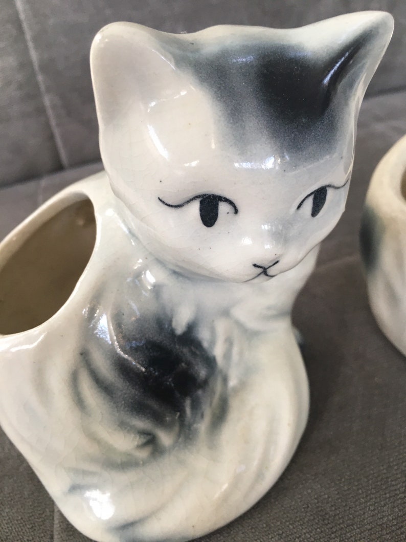 Vintage Kitten Planters Gray and White Set of 2