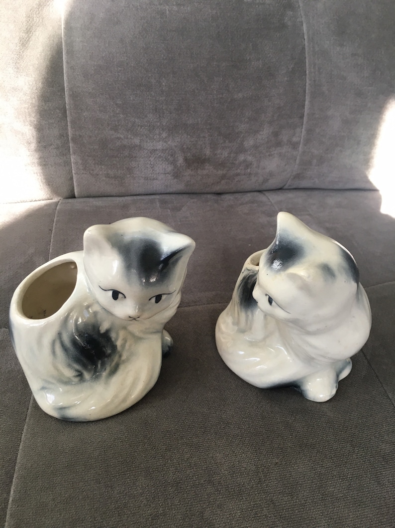 Vintage Kitten Planters Gray and White Set of 2