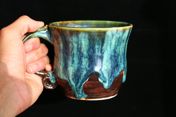 Large green handmade stoneware pottery mug
