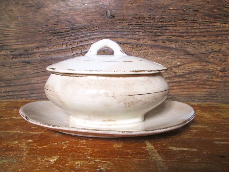 Antique Italian POTTERY GRAVY BOAT or Cheese Bowl With Lid Gold Thread