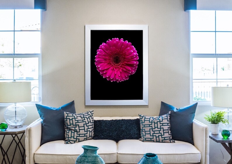 Office Big Photo Home Vertical Wall Art Minimal Photography Decor 2019 Pink gerbera black background Fine Art Gicl\u00e9e Print