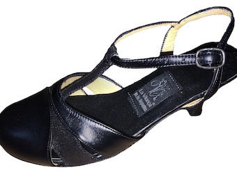 Echantillons de vente - Tango de danse, talons bas en cuir noir, bout fermé, bride en T, look rétro, taille 33