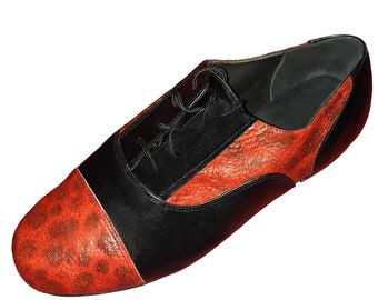 Black Leather Tango Shoes/Dance Shoes/Leaders Shoes w. RED Fish Leather Application, La Vikinga Shoes