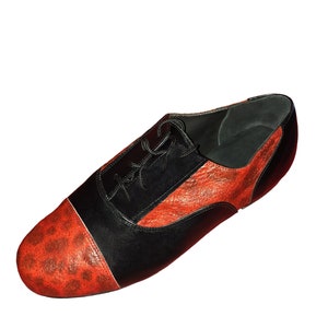 May include: A black and red leather shoe with laces. The shoe has a pointed toe and a low heel.
