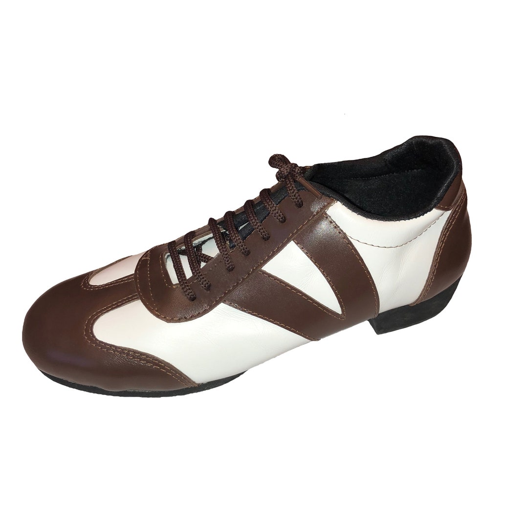 White & Brown Leather Dance Sneakers / Leather Practice Shoes / Leather