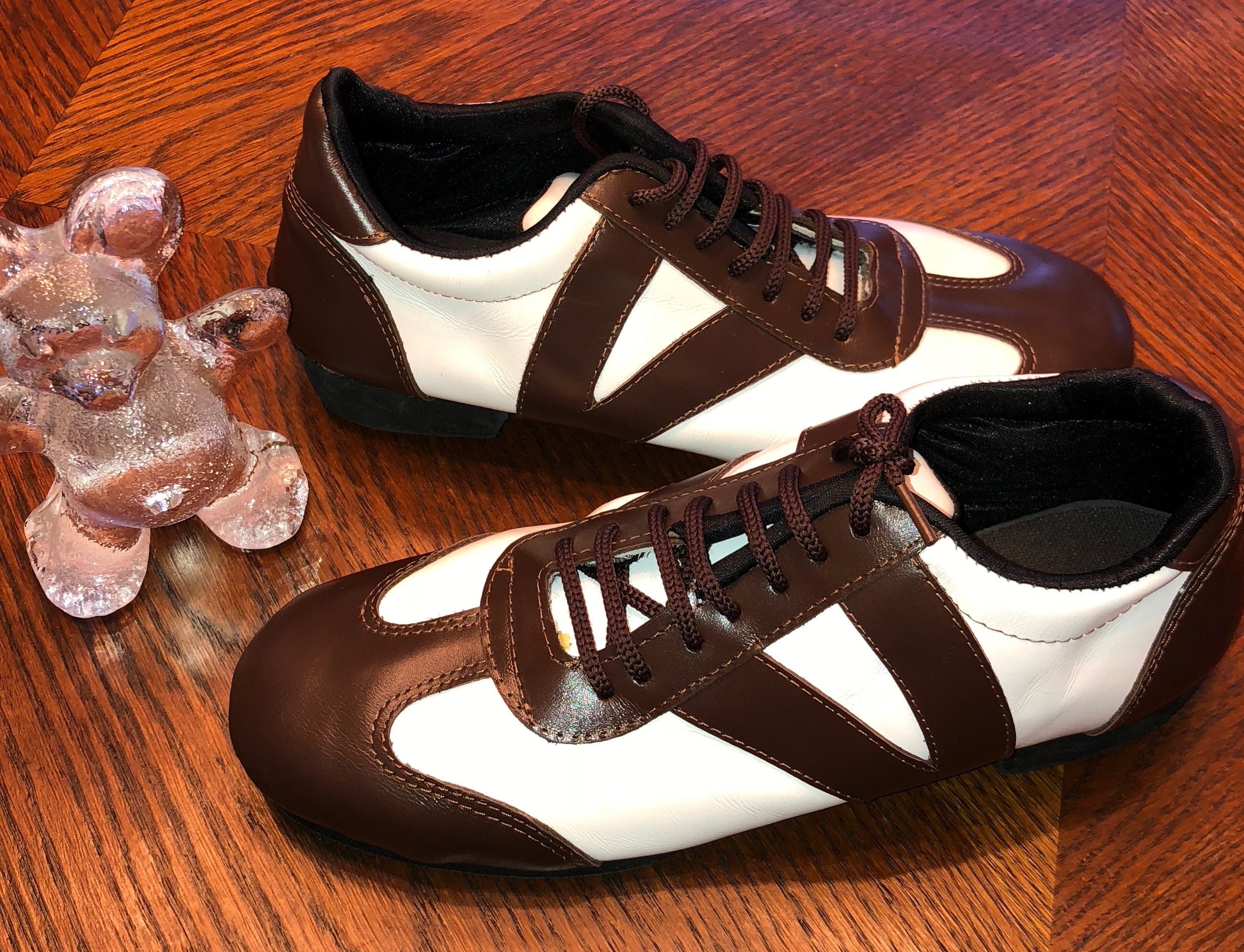 White & Brown Leather Dance Sneakers / Leather Practice Shoes / Leather