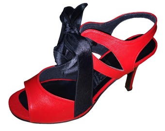 High Heels Zehenfrei Slingback Tanz Tango m. Schwarzes Band-Detail handgefertigt