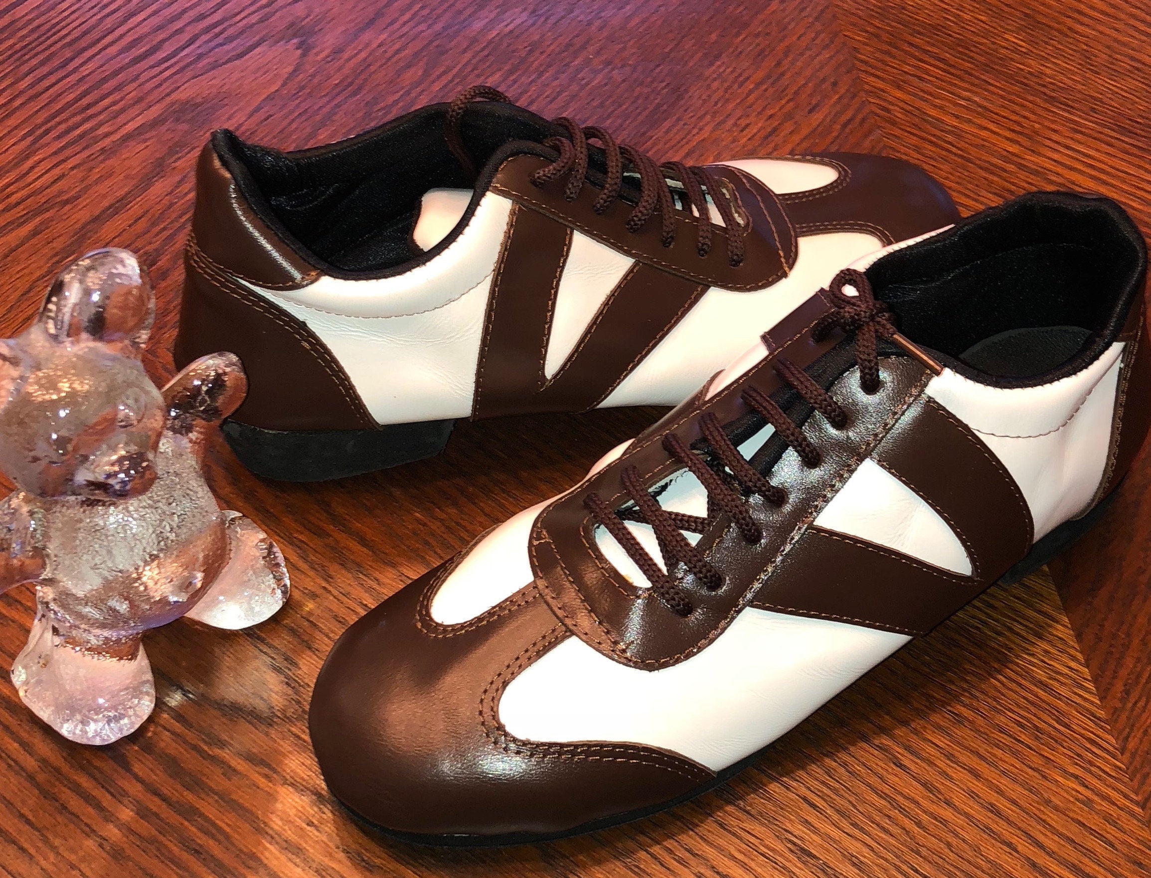 White & Brown Leather Dance Sneakers / Leather Practice Shoes / Leather