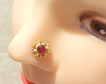 Indian Nose Ring/92.5 Sterling Silver Nose Ring/22 Kt Gold Polished/Natural Ruby Nose Stud/Nose Bali/Pierced Nose Ring Gift For Her