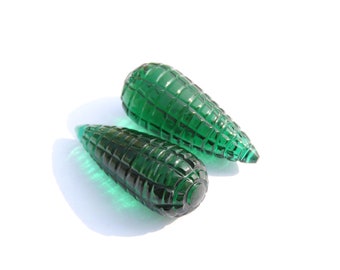 Carved Green Quartz Gemstone Drops: Jewelry Making (31X13 MM)