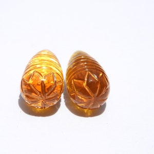 Carved Gemstone Drops Citrine Quartz Carved Drops 2 Pcs Size 28X12 MM