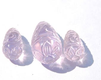 3 Pcs Set Light Pink Quartz Carved Drops Loose Gemstone Size 26X14 - 18X10 MM