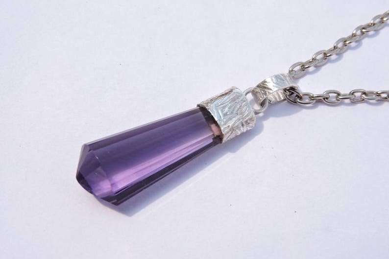 92.5 Sterling Silver Purple Amethyst Quartz Faceted Chandelier Pencil Shaped Pendant Gemstone Silver Pendant Unisex Pendant Size 38X12 MM