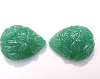 2 Pcs Matched Pair Green Chalcedony Carved Pear Shaped Loose Gemstone Carved Gemstone Pear Size 25X20 MM