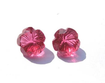 Rubelite Pink Quartz Carved Flower Gemstone Pair (13 MM)