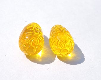 2 Pcs Matched Pair Yellow Quartz Carved Drops Loose Gemstone Size 20X11 MM