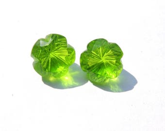 2 Pcs Matched Pair Beautiful Peridot Green Quartz Hand Carved Flower Shaped Loose Gemstone 13 MM