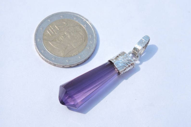 92.5 Sterling Silver Purple Amethyst Quartz Faceted Chandelier Pencil Shaped Pendant Gemstone Silver Pendant Unisex Pendant Size 38X12 MM