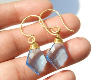 Wire Wrapped Earrings/Sky Blue Quartz Fancy Earrings/Sterling Silver Earrings/22 Kt Gold Polished Gift For Her