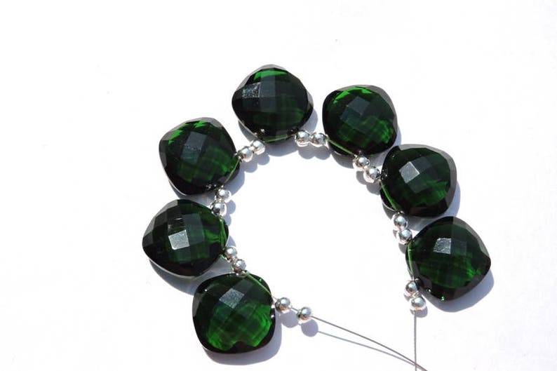 7 Pcs Dark Green Quartz Faceted Cushion Shaped Beads Gemstone Cushion Beads Size 15 MM