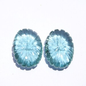 Carved Gemstone Flowers 2 Pcs Light Blue Quartz Carved Oval Shaped Fancy Melon Beads Size 26X18 MM