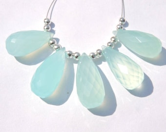 5 Pcs Natural Aqua Blue Chalcedony Faceted Drops Beads Size 22X10 - 20X9 MM