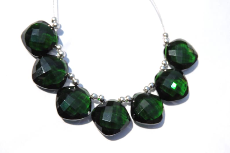 7 Pcs Dark Green Quartz Faceted Cushion Shaped Beads Gemstone Cushion Beads Size 15 MM
