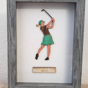 Female Golfer Framed in 5 x 7 Shadow Box, Laser Cut, Handcrafted, Personalized
