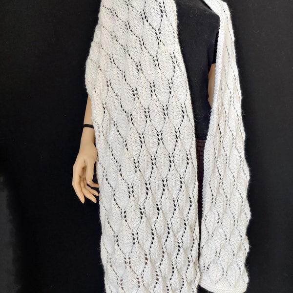 ETOLE MOTIF FEUILLES en laine et alpaga naturel-châle écharpe au tricot fait main-accessoires de mode-cadeau fête des mères
