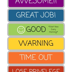 Pode incluir: Um conjunto de seis bot&otilde;es retangulares coloridos com frases motivacionais. Os bot&otilde;es est&atilde;o dispostos verticalmente, com o bot&atilde;o superior roxo e lendo "AWESOME!!". O segundo bot&atilde;o &eacute; azul e l&ecirc; "GREAT JOB!". O terceiro bot&atilde;o &eacute; verde e l&ecirc; "GOOD *Start New Every Morning!*" com um &iacute;cone de rosto sorridente. O quarto bot&atilde;o &eacute; amarelo e l&ecirc; "WARNING". O quinto bot&atilde;o &eacute; laranja e l&ecirc; "TIME OUT". O bot&atilde;o inferior &eacute; vermelho e l&ecirc; "LOSE PRIVELEGE".